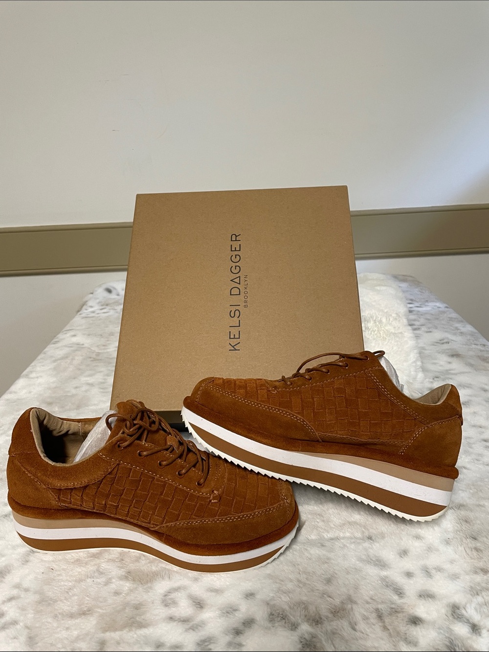 Kelsi Dagger Chestnut Brown Suede Woven Platform Sneakers